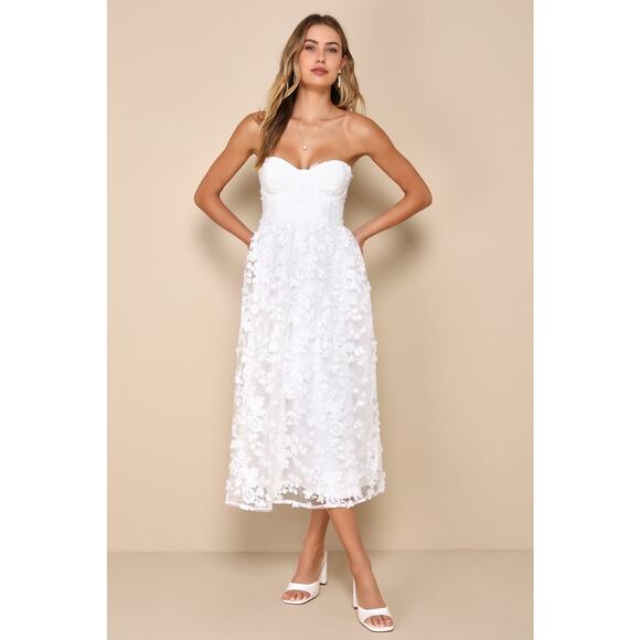 NWT Lulus Quite Perfect White Floral Embroidered Strapless Midi Dress Bridal L - Picture 1 of 9